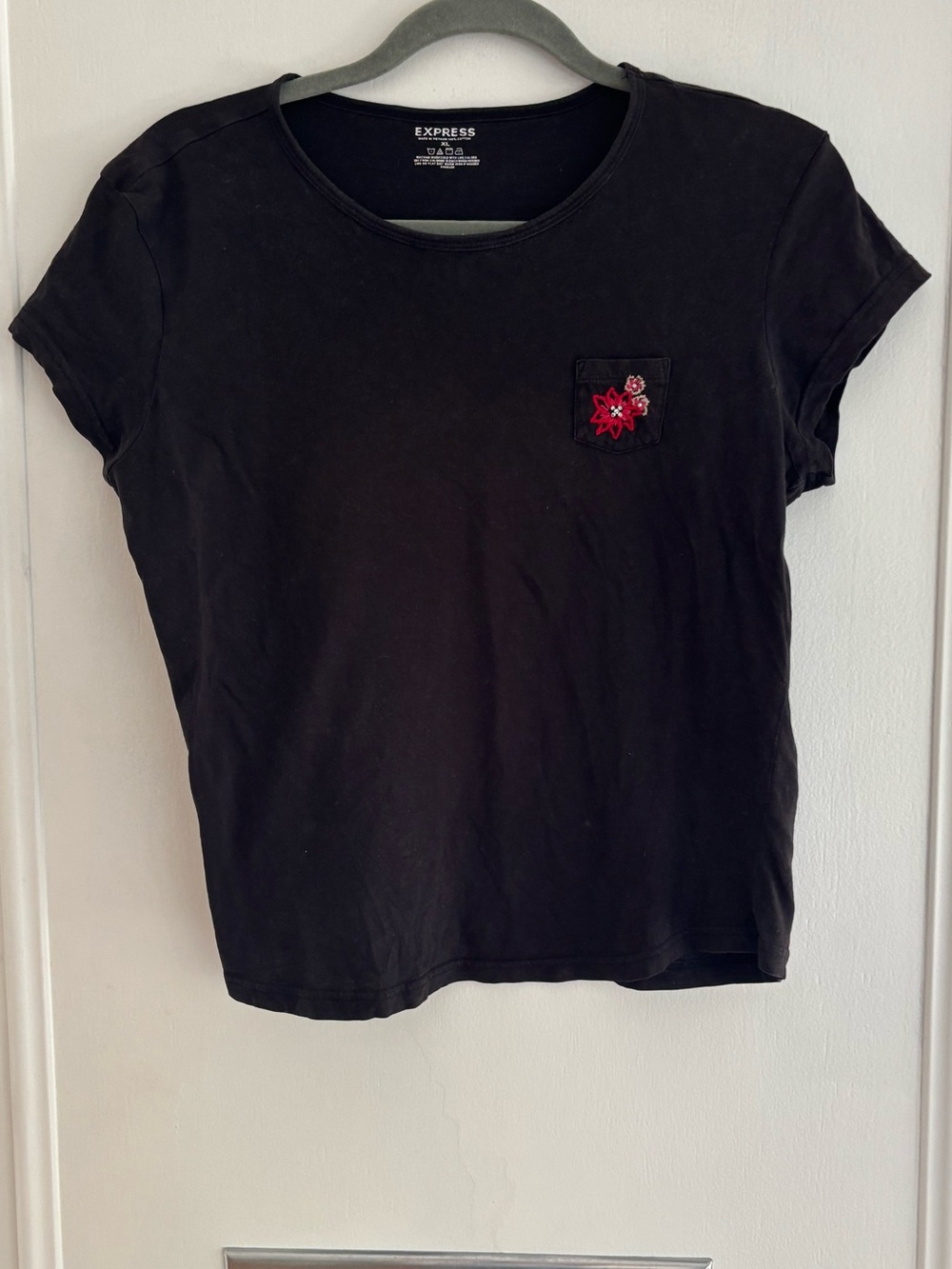 Express Black Short-Sleeve Tee with Red Floral Pocket